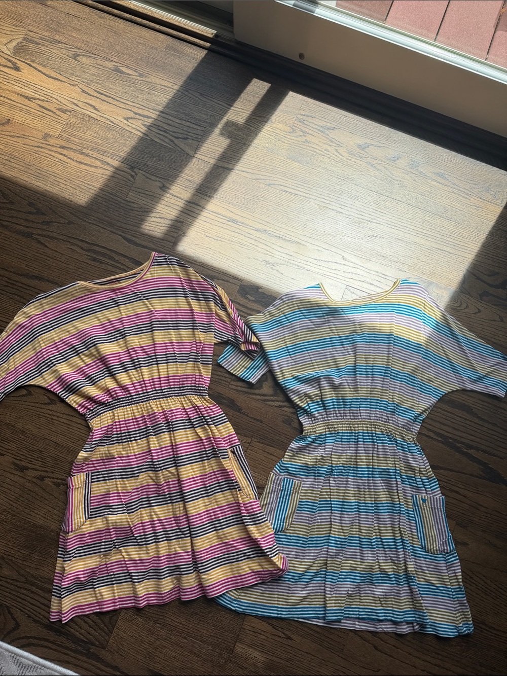 Striped Pink & Yellow Casual Kids Dress with Pockets